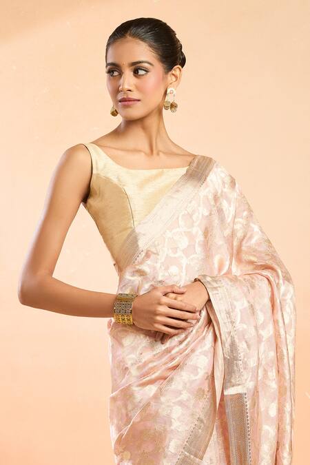 Buy_Mint N Oranges_Pink Tissue, Silk Zari Round Neck Gul Woven Saree With Unstitched Blouse _Online_at_Aza_Fashions