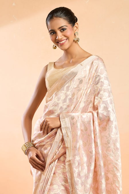 Shop_Mint N Oranges_Pink Tissue, Silk Zari Round Neck Gul Woven Saree With Unstitched Blouse _Online_at_Aza_Fashions