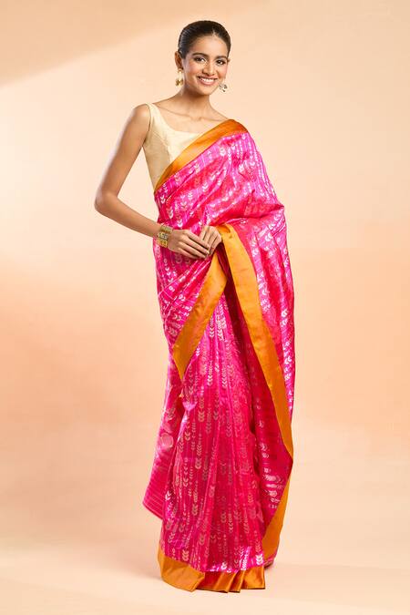 Buy_Mint N Oranges_Pink Silk Bloom Vine Woven Banarasi Saree_Online_at_Aza_Fashions