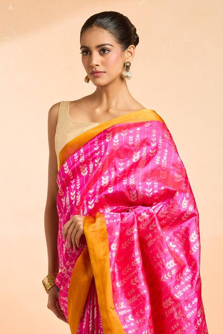 Mint N Oranges_Pink Silk Bloom Vine Woven Banarasi Saree_at_Aza_Fashions
