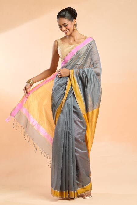 Buy Mint N Oranges Gray Chanderi Contrast Border Pure Saree Online at Aza Fashions Buy_Mint N Oranges_Gray Chanderi Contrast Border Pure Saree_Online_at_Aza_Fashions