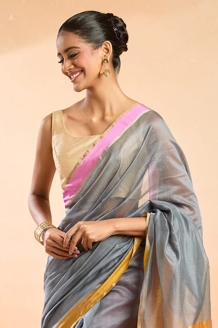 Mint N Oranges Gray Chanderi Contrast Border Pure Saree at Aza Fashions Mint N Oranges_Gray Chanderi Contrast Border Pure Saree_at_Aza_Fashions