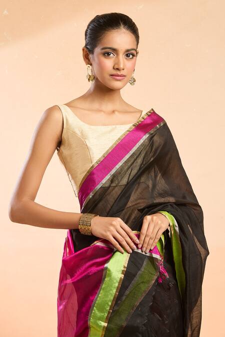 Buy Mint N Oranges Black Chanderi Round Neck Contrast Border Saree Set Online at Aza Fashions Buy_Mint N Oranges_Black Chanderi Round Neck Contrast Border Saree Set_Online_at_Aza_Fashions