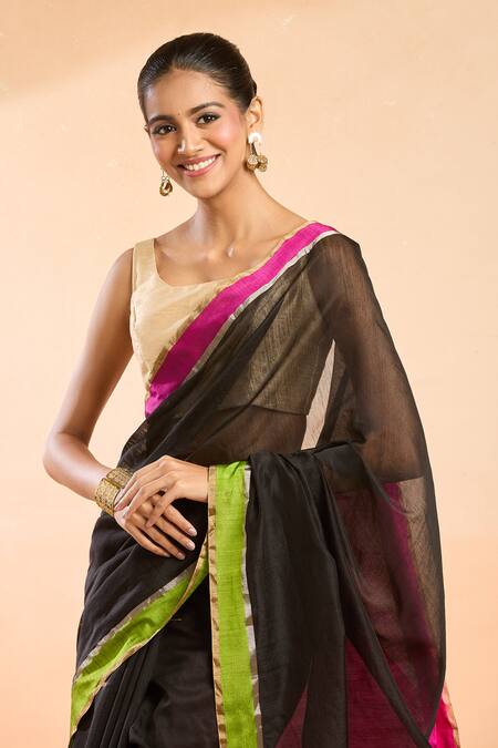 Shop Mint N Oranges Black Chanderi Round Neck Contrast Border Saree Set Online at Aza Fashions Shop_Mint N Oranges_Black Chanderi Round Neck Contrast Border Saree Set_Online_at_Aza_Fashions