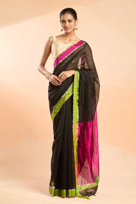 Mint N Oranges Black Chanderi Round Neck Contrast Border Saree Set at Aza Fashions Mint N Oranges_Black Chanderi Round Neck Contrast Border Saree Set_at_Aza_Fashions