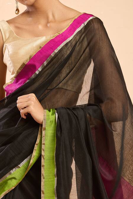 Buy Mint N Oranges Black Chanderi Round Neck Contrast Border Saree Set Buy_Mint N Oranges_Black Chanderi Round Neck Contrast Border Saree Set