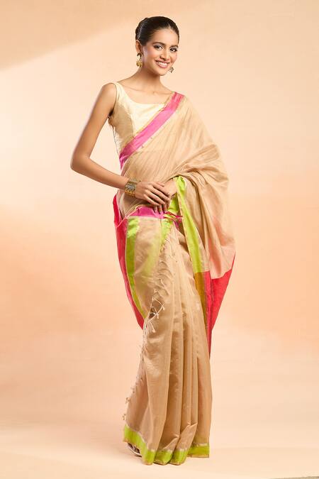 Mint N Oranges Beige Chanderi Contrast Border Handloom Saree Online at Aza Fashions Mint N Oranges_Beige Chanderi Contrast Border Handloom Saree_Online_at_Aza_Fashions