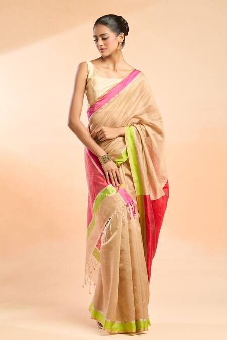Buy Mint N Oranges Beige Chanderi Contrast Border Handloom Saree Online at Aza Fashions Buy_Mint N Oranges_Beige Chanderi Contrast Border Handloom Saree_Online_at_Aza_Fashions