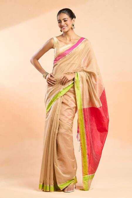 Shop Mint N Oranges Beige Chanderi Contrast Border Handloom Saree Online at Aza Fashions Shop_Mint N Oranges_Beige Chanderi Contrast Border Handloom Saree_Online_at_Aza_Fashions