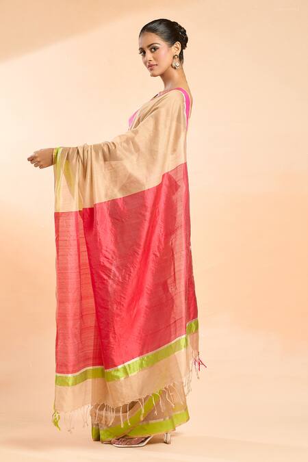 Shop Mint N Oranges Beige Chanderi Contrast Border Handloom Saree at Aza Fashions Shop_Mint N Oranges_Beige Chanderi Contrast Border Handloom Saree_at_Aza_Fashions