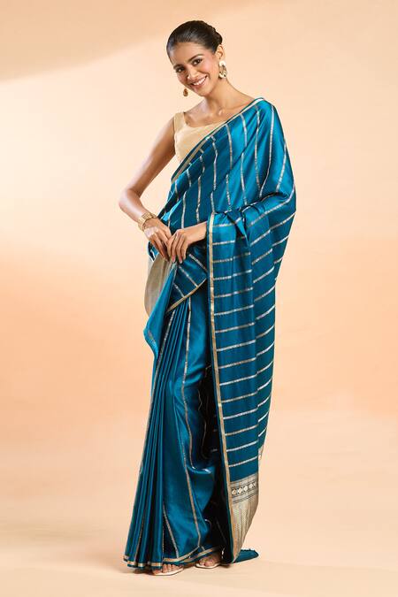 Mint N Oranges_Blue Satin, Silk Embroidery Floral Vine Woven Saree_Online_at_Aza_Fashions