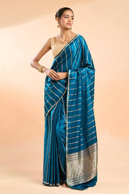 Buy_Mint N Oranges_Blue Satin, Silk Embroidery Floral Vine Woven Saree_Online_at_Aza_Fashions
