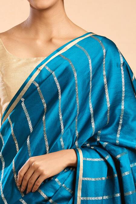 Mint N Oranges_Blue Satin, Silk Embroidery Floral Vine Woven Saree_at_Aza_Fashions