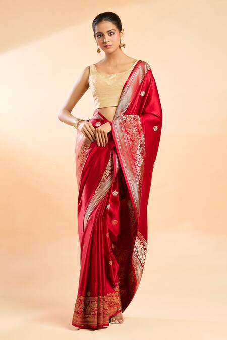 Mint N Oranges Red Satin, Silk Embroidery Booti Woven Saree Online at Aza Fashions Mint N Oranges_Red Satin, Silk Embroidery Booti Woven Saree_Online_at_Aza_Fashions