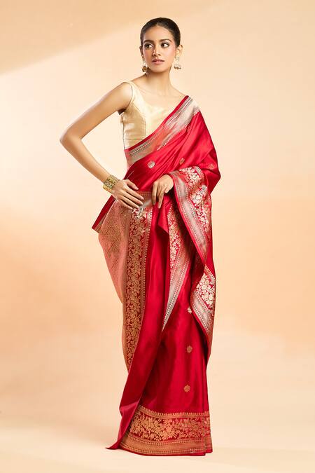 Mint N Oranges Red Satin, Silk Embroidery Booti Woven Saree at Aza Fashions Mint N Oranges_Red Satin, Silk Embroidery Booti Woven Saree_at_Aza_Fashions