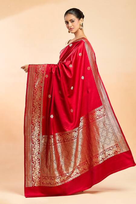 Shop Mint N Oranges Red Satin, Silk Embroidery Booti Woven Saree at Aza Fashions Shop_Mint N Oranges_Red Satin, Silk Embroidery Booti Woven Saree_at_Aza_Fashions