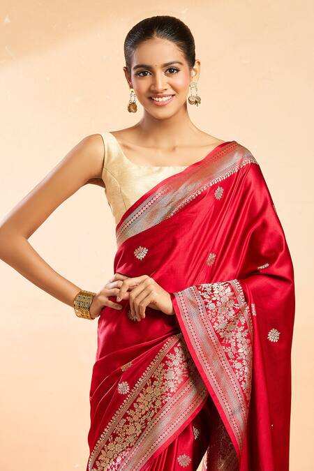 Buy Mint N Oranges Red Satin, Silk Embroidery Booti Woven Saree Buy_Mint N Oranges_Red Satin, Silk Embroidery Booti Woven Saree