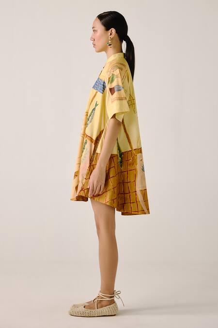 Cord Multi Color Cotton Collared A-line Shirt Dress With Fisherman Print Online at Aza Fashions Cord_Multi Color Cotton Collared A-line Shirt Dress With Fisherman Print _Online_at_Aza_Fashions