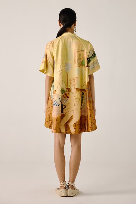 Cord A-Line Shirt Dress with Fisherman Print