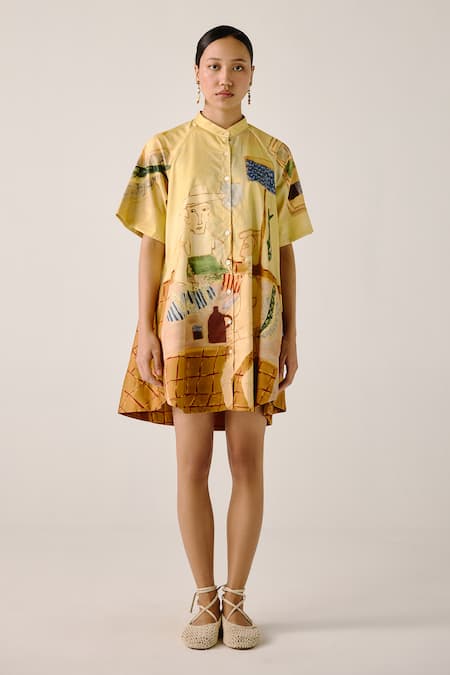 Cord A-Line Shirt Dress with Fisherman Print