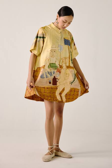 Shop Cord Multi Color Cotton Collared A-line Shirt Dress With Fisherman Print Online at Aza Fashions Shop_Cord_Multi Color Cotton Collared A-line Shirt Dress With Fisherman Print _Online_at_Aza_Fashions