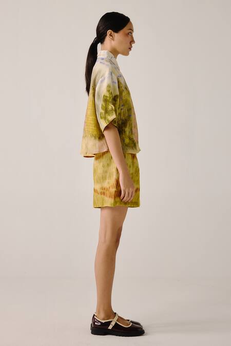 Cord_Multi Color Linen Shawl Neck Dale Print Boxy Shirt And Shorts Set _Online_at_Aza_Fashions