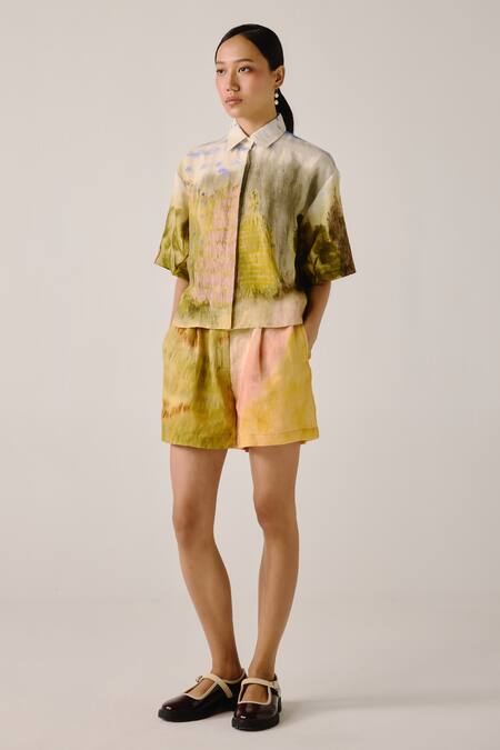 Buy_Cord_Multi Color Linen Shawl Neck Dale Print Boxy Shirt And Shorts Set _Online_at_Aza_Fashions