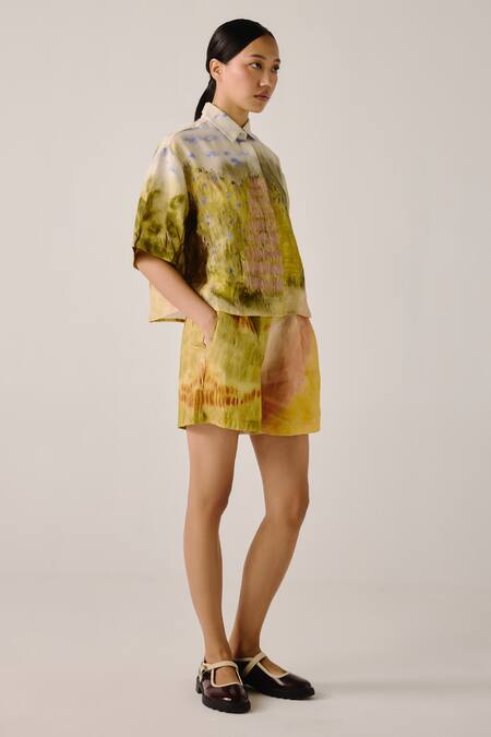 Shop_Cord_Multi Color Linen Shawl Neck Dale Print Boxy Shirt And Shorts Set _Online_at_Aza_Fashions
