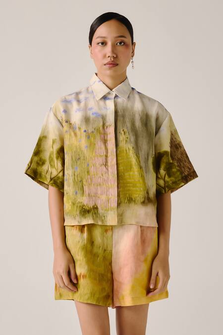 Cord_Multi Color Linen Shawl Neck Dale Print Boxy Shirt And Shorts Set _at_Aza_Fashions