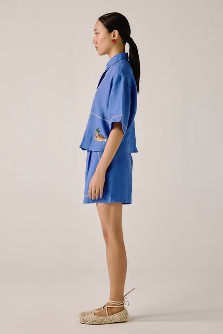 Cord_Blue Linen Embroidery Shawl Neck Duck Boxy Shirt And Shorts Set _Online_at_Aza_Fashions