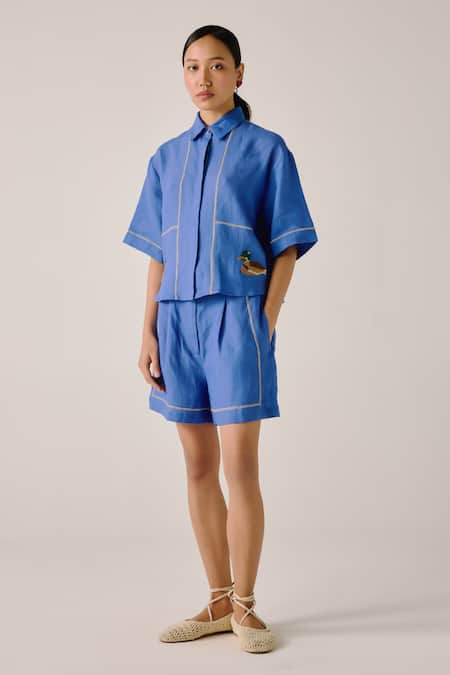 Cord Duck Embroidered Boxy Shirt & Shorts Set 