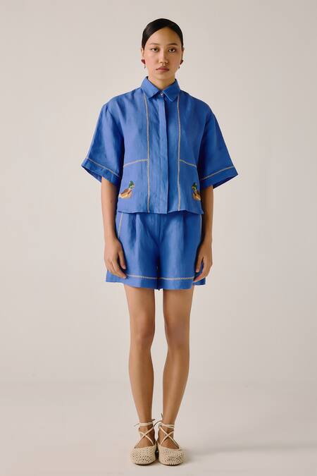 Buy_Cord_Blue Linen Embroidery Shawl Neck Duck Boxy Shirt And Shorts Set _Online_at_Aza_Fashions