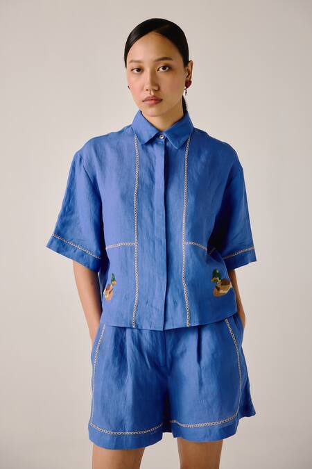Shop_Cord_Blue Linen Embroidery Shawl Neck Duck Boxy Shirt And Shorts Set _Online_at_Aza_Fashions
