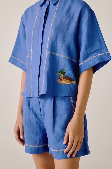 Cord_Blue Linen Embroidery Shawl Neck Duck Boxy Shirt And Shorts Set _at_Aza_Fashions