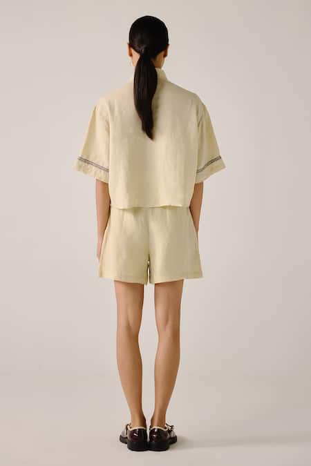 Cord Floral Vine Embroidered Linen Shirt & Shorts Set 