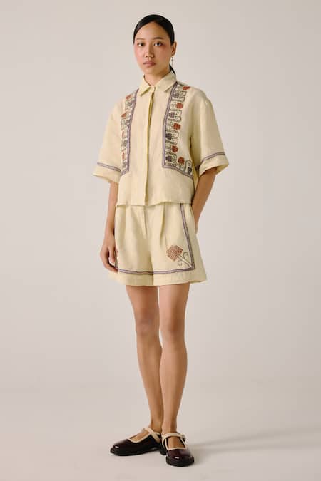 Cord Floral Vine Embroidered Linen Shirt & Shorts Set 