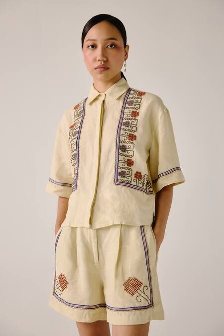 Shop_Cord_Ivory Linen Embroidery Shawl Neck Floral Vine Shirt And Shorts Set _Online_at_Aza_Fashions