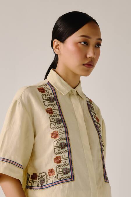 Cord_Ivory Linen Embroidery Shawl Neck Floral Vine Shirt And Shorts Set _at_Aza_Fashions
