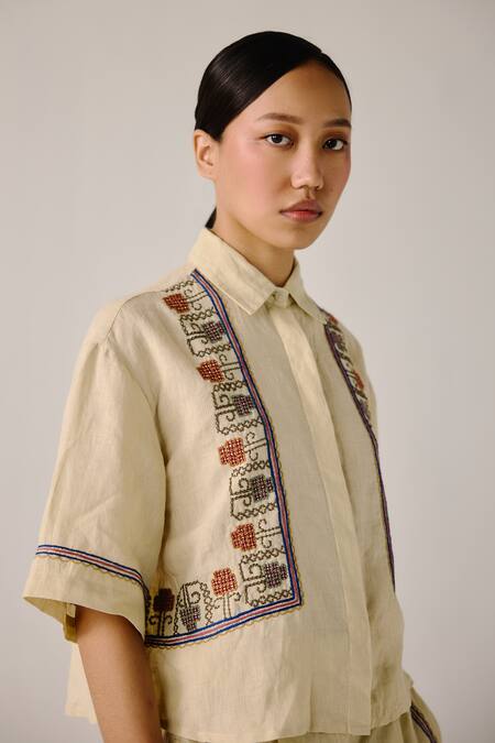 Cord_Cream Linen Embroidery Shawl Neck Floral Vine Boxy Shirt _Online_at_Aza_Fashions