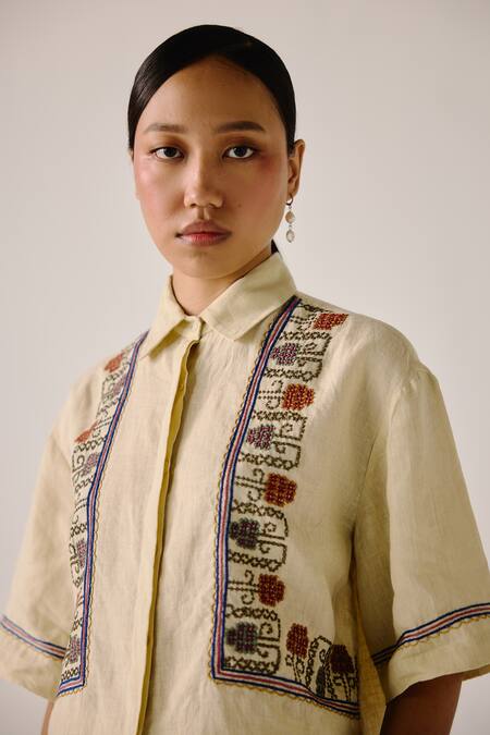 Buy_Cord_Cream Linen Embroidery Shawl Neck Floral Vine Boxy Shirt _Online_at_Aza_Fashions