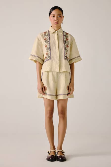 Shop_Cord_Cream Linen Embroidery Shawl Neck Floral Vine Boxy Shirt _Online_at_Aza_Fashions