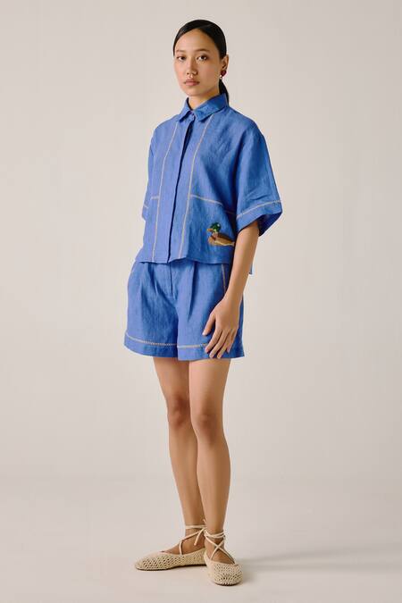 Buy_Cord_Blue Linen Embroidery Collared Duck Boxy Shirt _Online_at_Aza_Fashions
