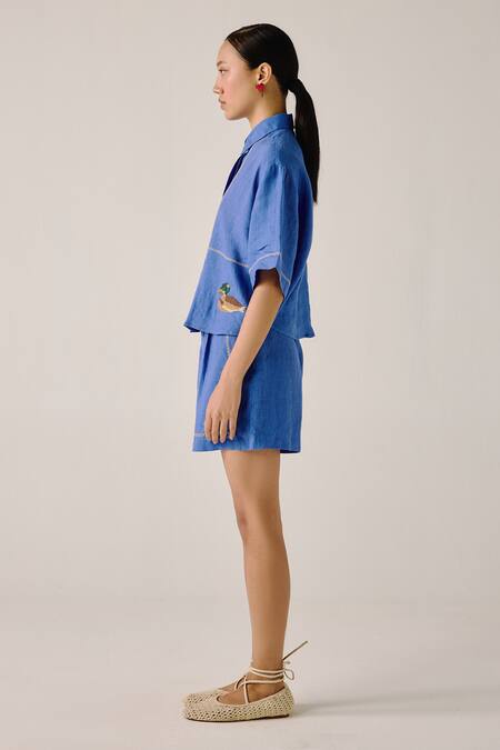 Shop_Cord_Blue Linen Embroidery Collared Duck Boxy Shirt _Online_at_Aza_Fashions