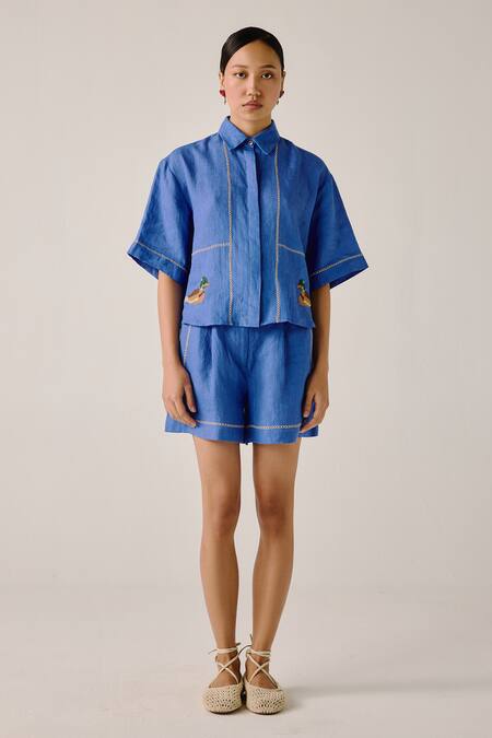 Buy_Cord_Blue Linen Embroidery Collared Duck Boxy Shirt 