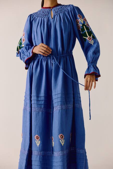 Buy_Cord_Blue Linen Applique, Lace Collared Electric Floral Dress _Online_at_Aza_Fashions