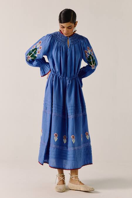 Shop_Cord_Blue Linen Applique, Lace Collared Electric Floral Dress _Online_at_Aza_Fashions
