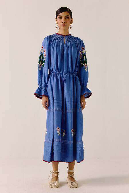 Cord_Blue Linen Applique, Lace Collared Electric Floral Dress _at_Aza_Fashions