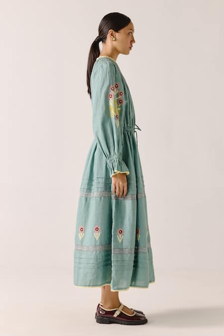 Cord_Blue Linen Applique, Lace Collared Embellished Tie-up Midi Dress _Online_at_Aza_Fashions