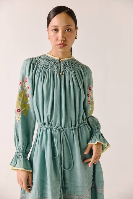 Buy_Cord_Blue Linen Applique, Lace Collared Embellished Tie-up Midi Dress _Online_at_Aza_Fashions