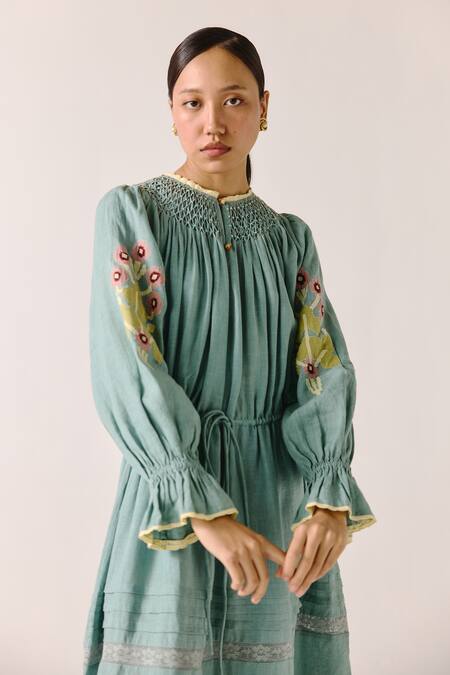 Shop_Cord_Blue Linen Applique, Lace Collared Embellished Tie-up Midi Dress _Online_at_Aza_Fashions